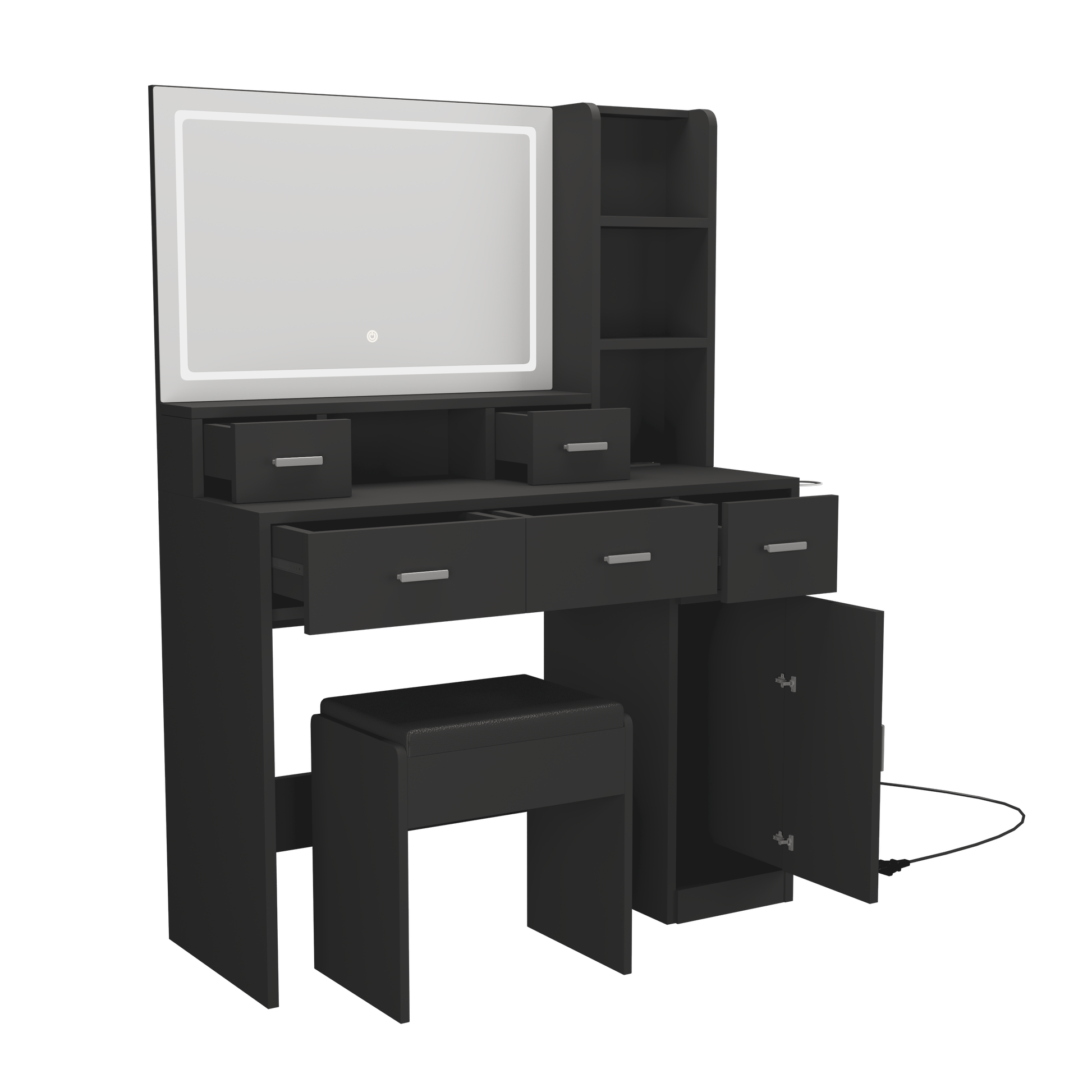 Black Dressing Table With Led 3 Color Illuminated Mirror And Power Outlet, Dressing Table With Drawers, Storage Box And Shelf, Dressing Table With Bedroom Cushioned Stool Black 5 Drawers & Above