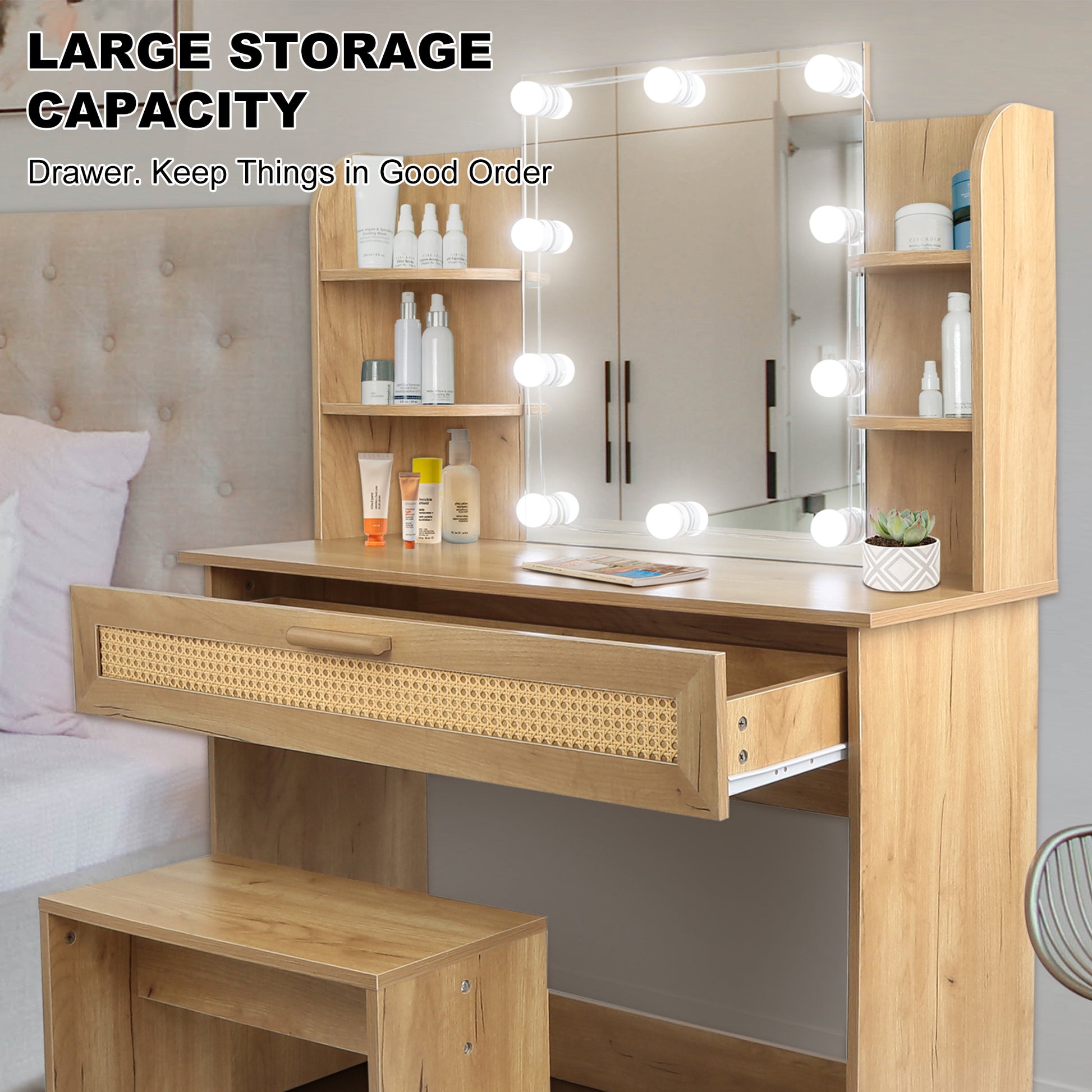 Vanity Desk Set Stool & Dressing Table With Led Lighting Mirror Drawer And Compartments Modern Wood Cosmetic Table Chest Of Drawers Nature Color Natural Wood Particle Board