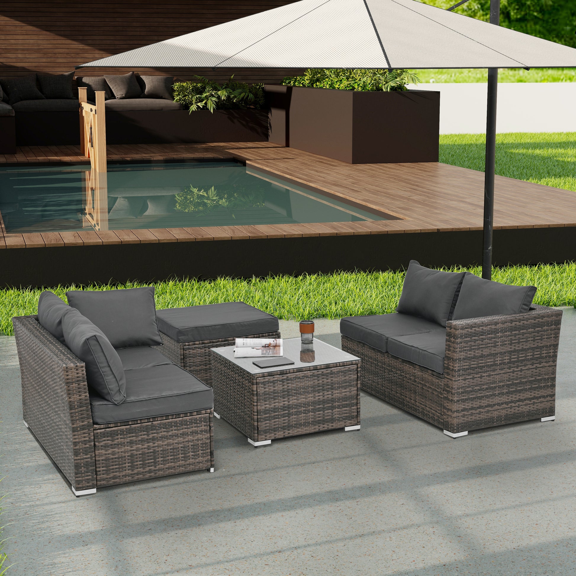 Patio Furniture, Outdoor Furniture, Seasonal Pe Wicker Furniture, 4 Set Wicker Furniture With Tempered Glass Coffee Table Brown Pe Rattan Iron Waterproof Fabric