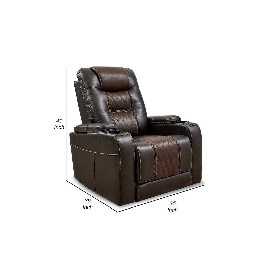 35 Inch Dual Power Recliner, Brown Vegan Faux Leather, Polyester, Usb Port Brown Fabric Metal