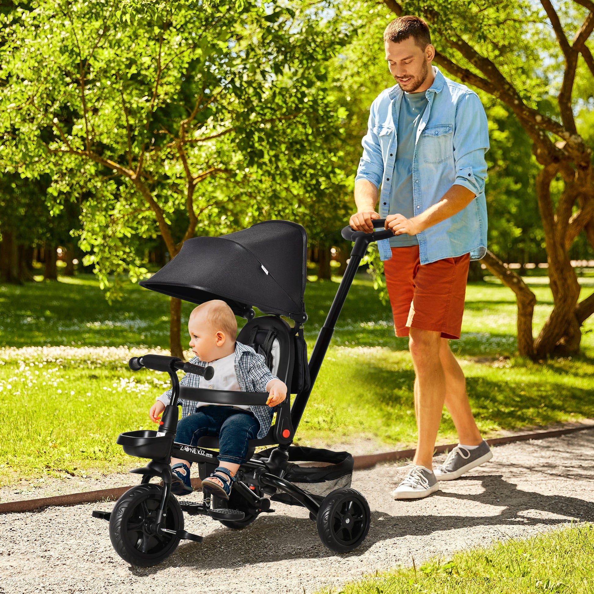 Qaba Kids Tricycle 4 In 1 Trike With Reversible Seat, 2.8' 3.1' Height Push Handle, Canopy, Handrail, Safety Belt, Storage Footrest Brake Clutch, For 1 5 Years Old, Black Black Plastic