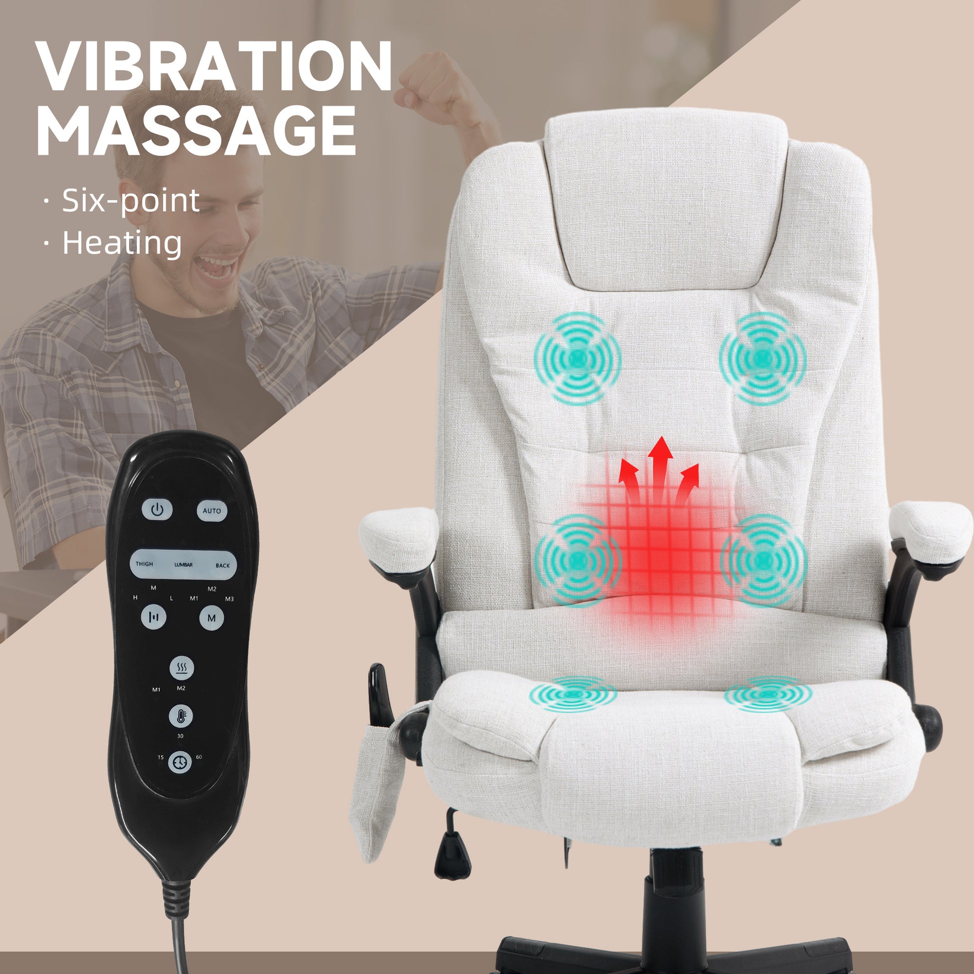 Homcom 6 Point Vibrating Massage Office Chair With Heat, Linen High Back Executive Office Chair With Reclining Backrest, Padded Armrests And Remote, Cream White Cream White Polyester