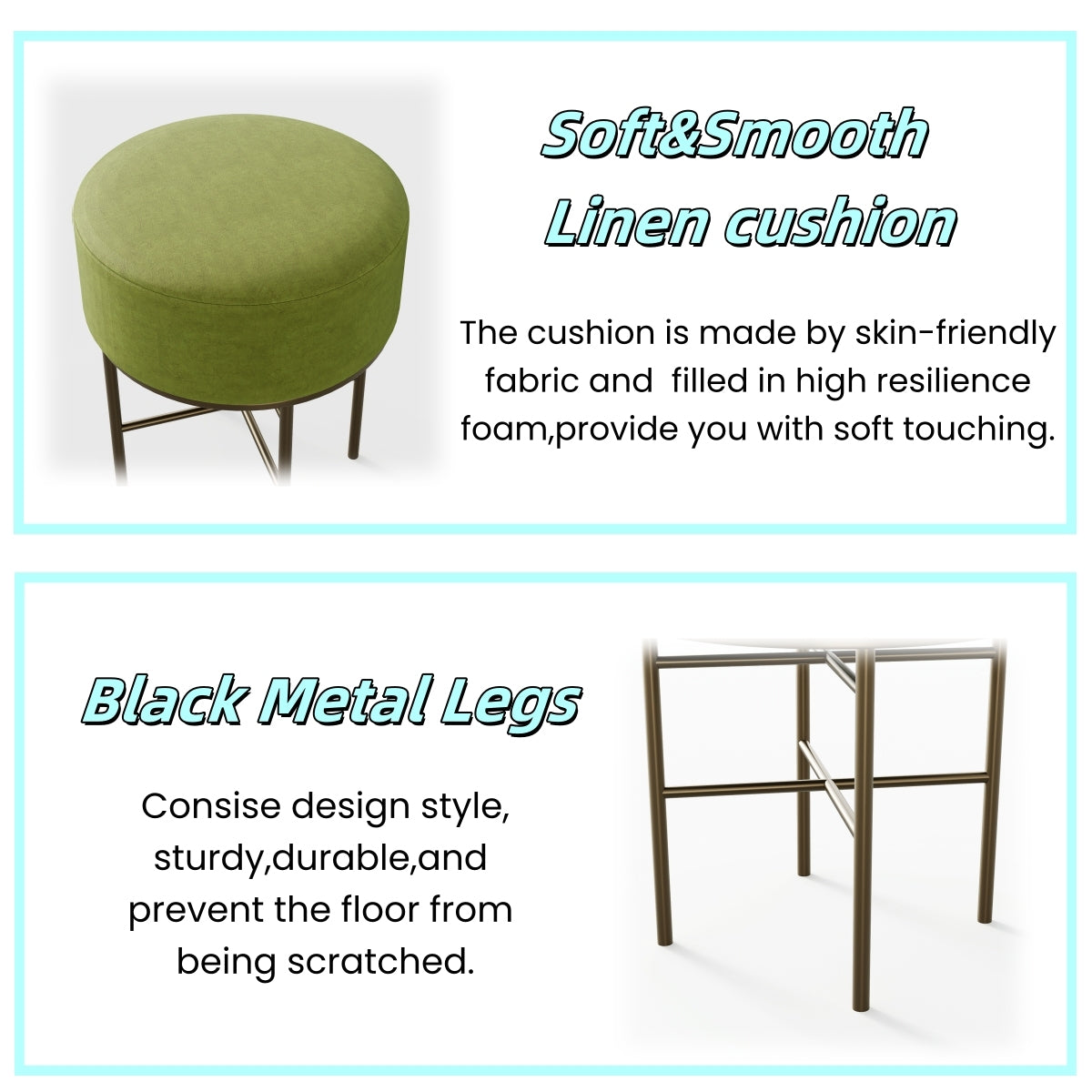 2 Pcs Round Cushioned Vanity Stool, Linen Upholstered Vanity Stool For Makeup Room, Modern Soft Stool For Bar And Dining, Ottoman Footrest Stool With Metal Legs For Living Room, Bedroom Matcha Green Matcha Green Vanity Stools Bedroom Round Modern