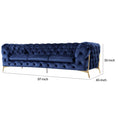 Reno Joni 97 Inch Modern Sofa, Chesterfield, Velour Fabric, Blue, Gold Blue Fabric Metal 3 Seat