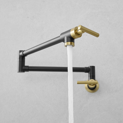 Brass Made Pot Filler, Black & Gold Pot Filler Faucet, Wall Mount Folding Kitchen Sink Pot Filler Faucets, Retractable Single Hole Pot Filler With Two Handles For Sink Stove Black Gold Kitchen Classic,Contemporary Brass Brass