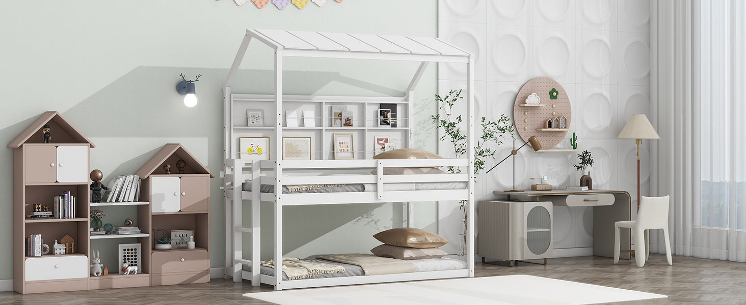 Twin House Loft Bed With Guardrails, Semi Enclosed Roof, Bedside Shelves And Ladder, White Twin White Bedroom American Design Pine Pine