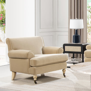 Alana 38" Lawson Accent Arm Chair Metal Casters, Fawn Brown Performance Velvet Brown Foam Velvet