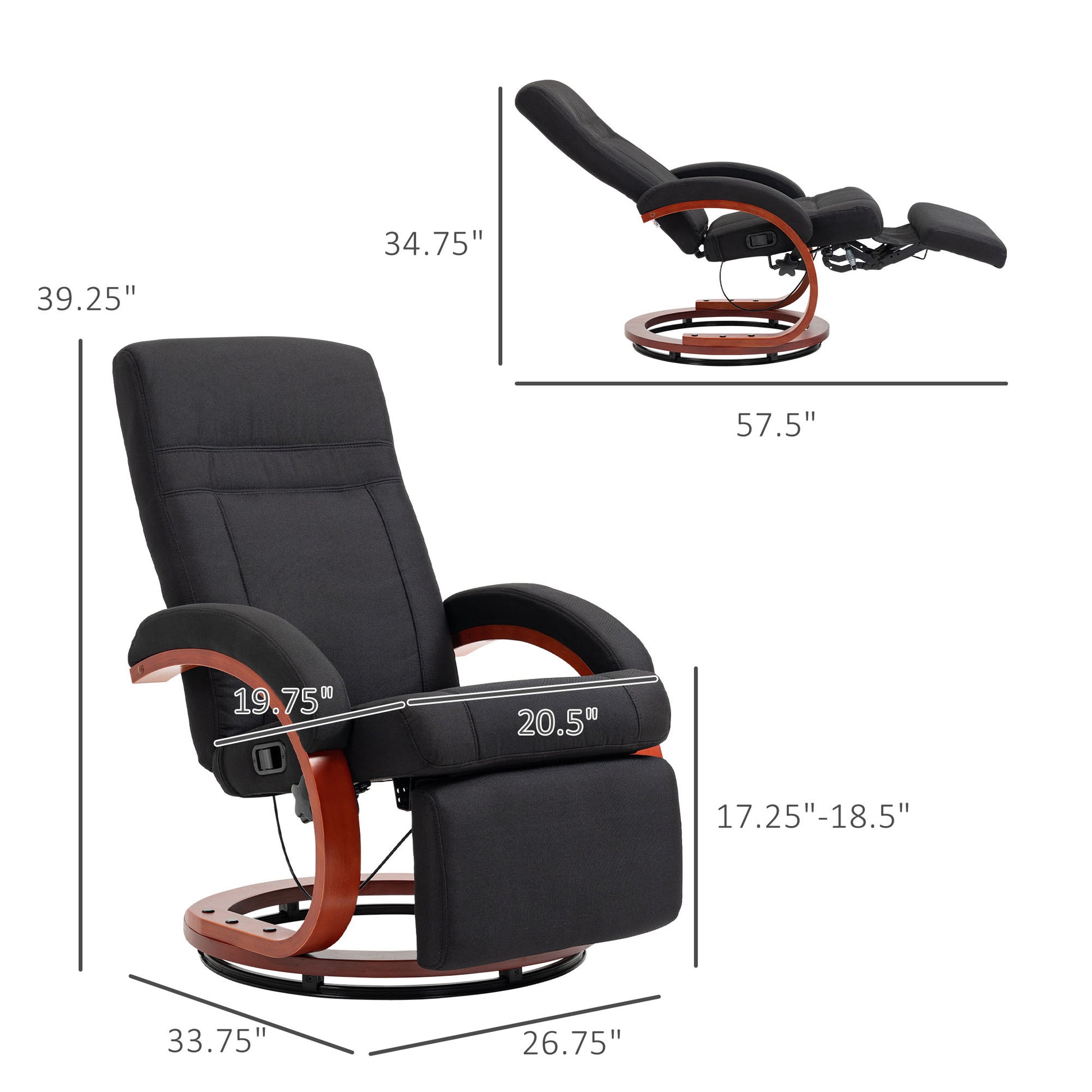 Homcom Manual Recliner Chair For Adults, Adjustable Swivel Recliner With Footrest, Padded Arms And Wood Base For Living Room, Black Black Polyester