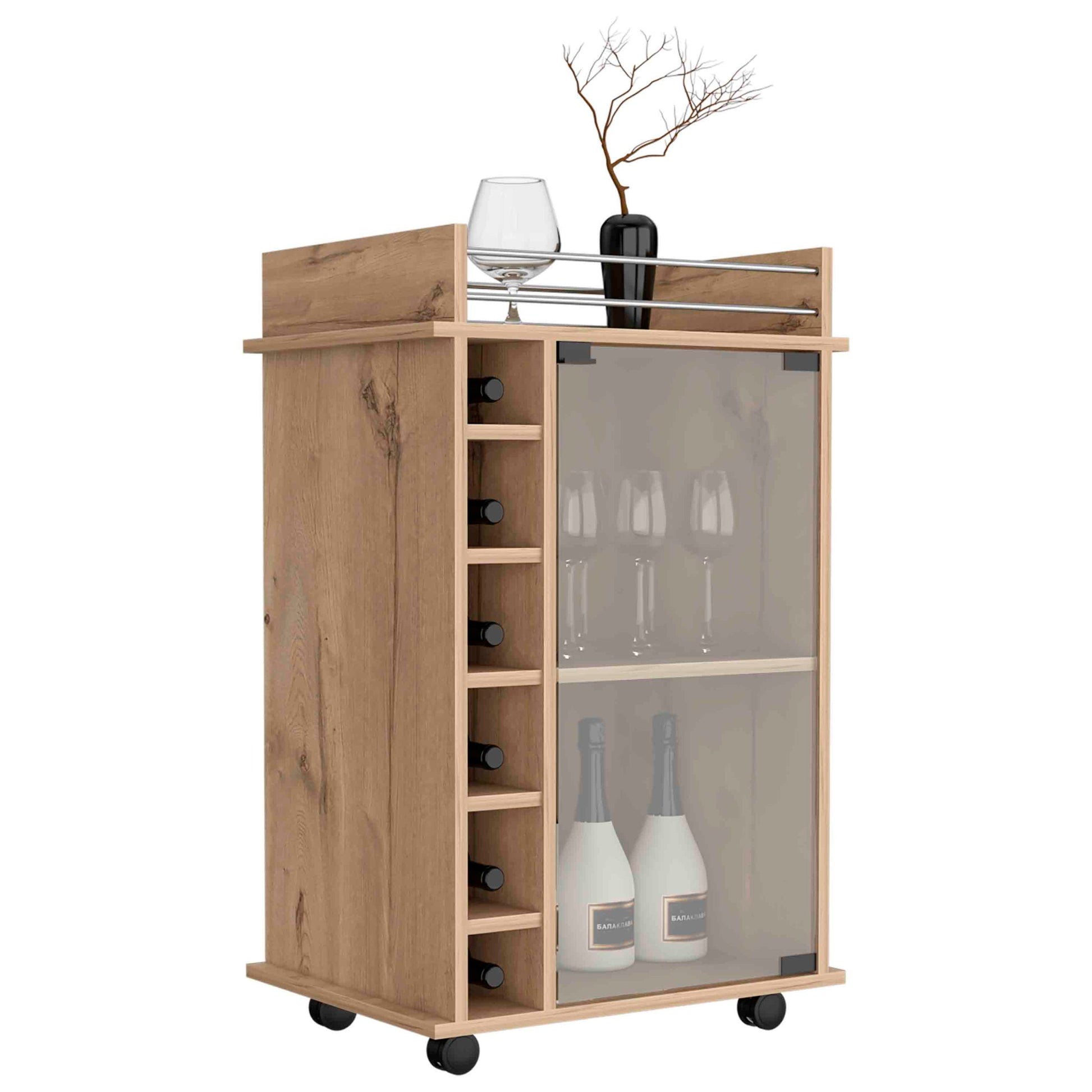 Bar Cart, Glass Door, Four Casters, Two Shelves, Light Oak Beige Particle Board Particle Board