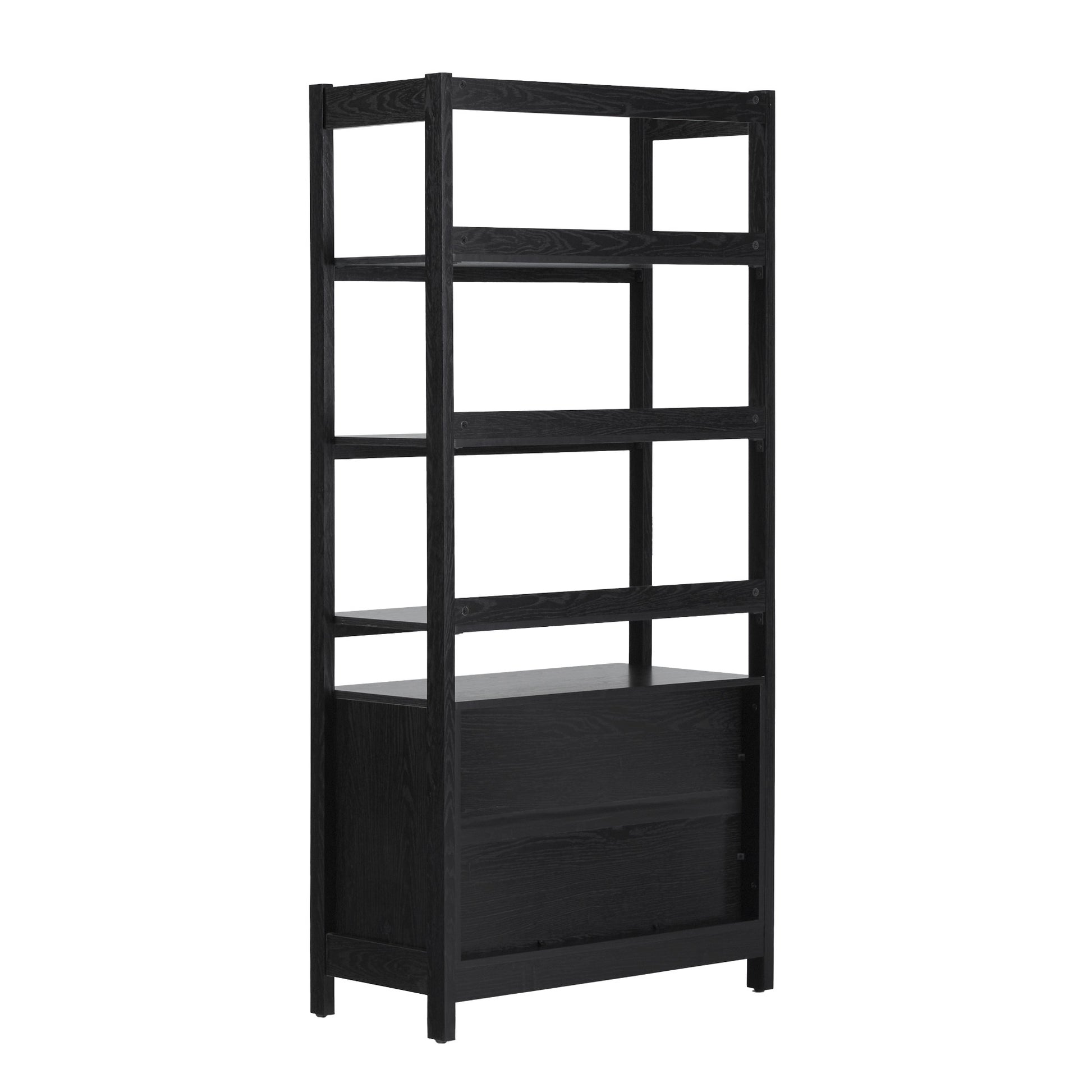 Transitional Wide Reeded Bookshelf With Drawers On Bottom Black Black Mdf Mdf