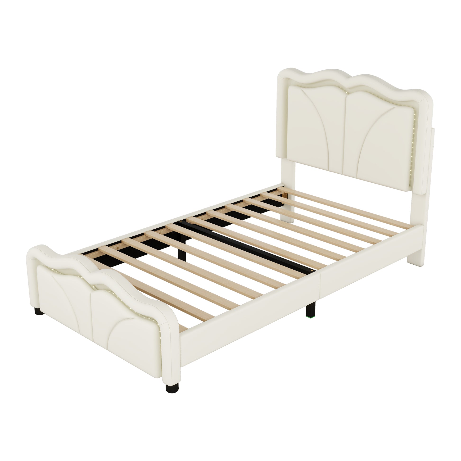 Twin Size Upholstered Platform Bed With Curve Shaped And Height Adjustbale Headboard,Led Light Strips,White Twin White Upholstered