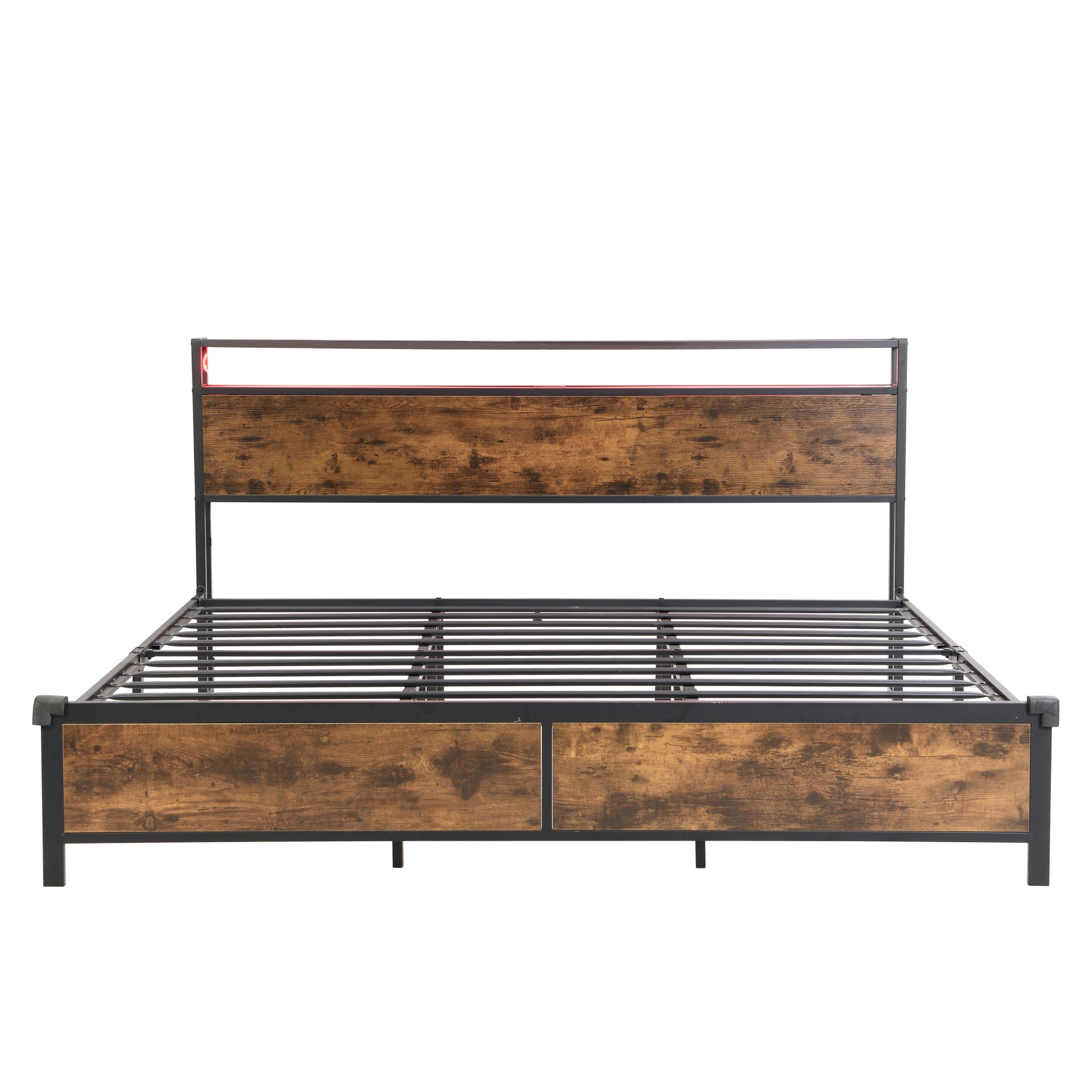 Industrial King Bed Frame With Led Lights And 2 Usb Ports, Bed Frame King Size With Storage, Noise Free, No Box Spring Needed, Rustic Brown Box Spring Not Required King Antique Brown Metal Brown Bedroom Industrial Metal & Wood