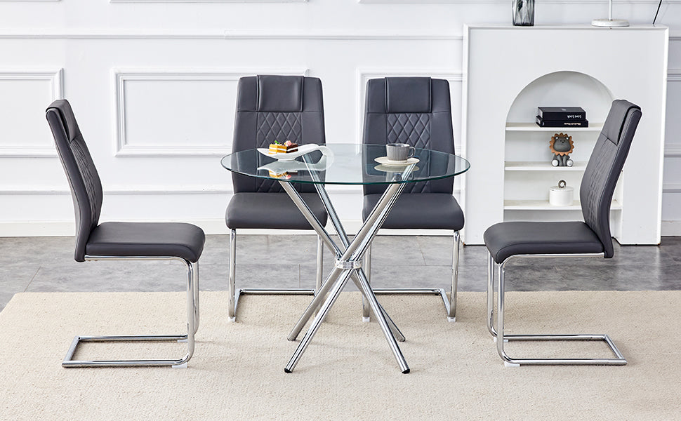 Table And Chair Set.36.6"Round Clear Glass Dining Table With A Unique Shape With Ring Shaped Gathered Silver Metal Legs.Paired With 4 Dark Gray High Quality Pu Dining Chairs With Silver Metal Legs.