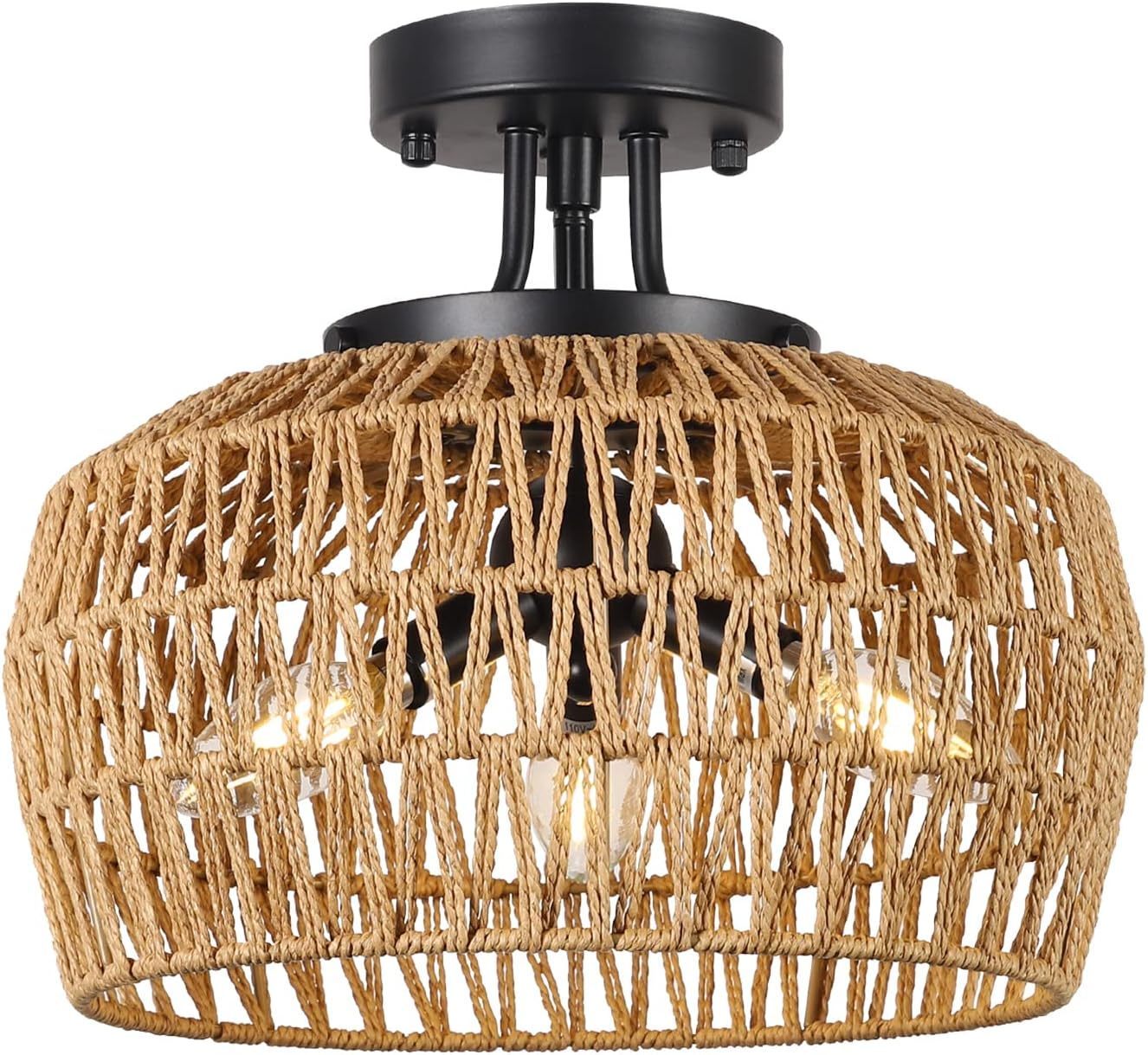 Semi Flush Mount Ceiling Light, Rattan Light Fixture Ceiling Mount With Handmade Wicker Lampshade, 3 Lights Boho Chandelier, Woven Close To Ceiling Light For Bedroom Hallway Living Room Kitchen Brown Rattan Metal