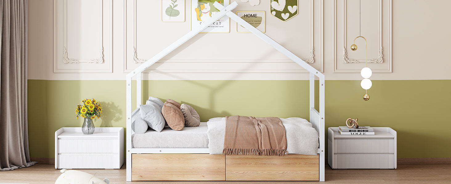 Twin Size Metal House Bed With Two Drawers, White Twin White Metal