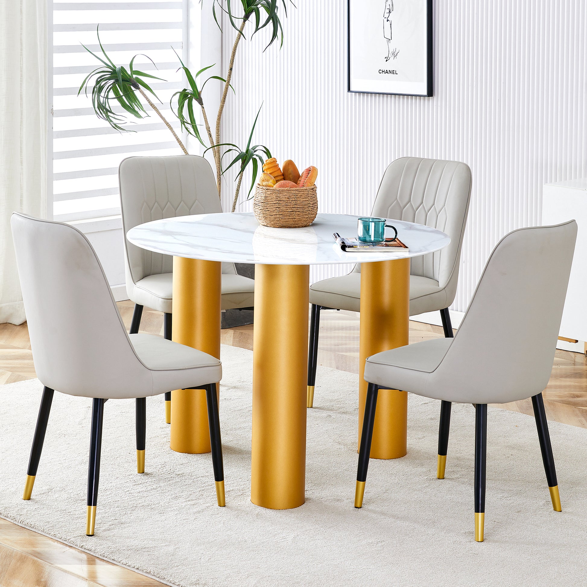 Round White Dining Table, Artificial Marble Glass Stickers, Golden Mdf Legs, Kitchen Dining Table, Living Room Dining Table 40 "* 40" * 29.4 "F X03 White Mdf
