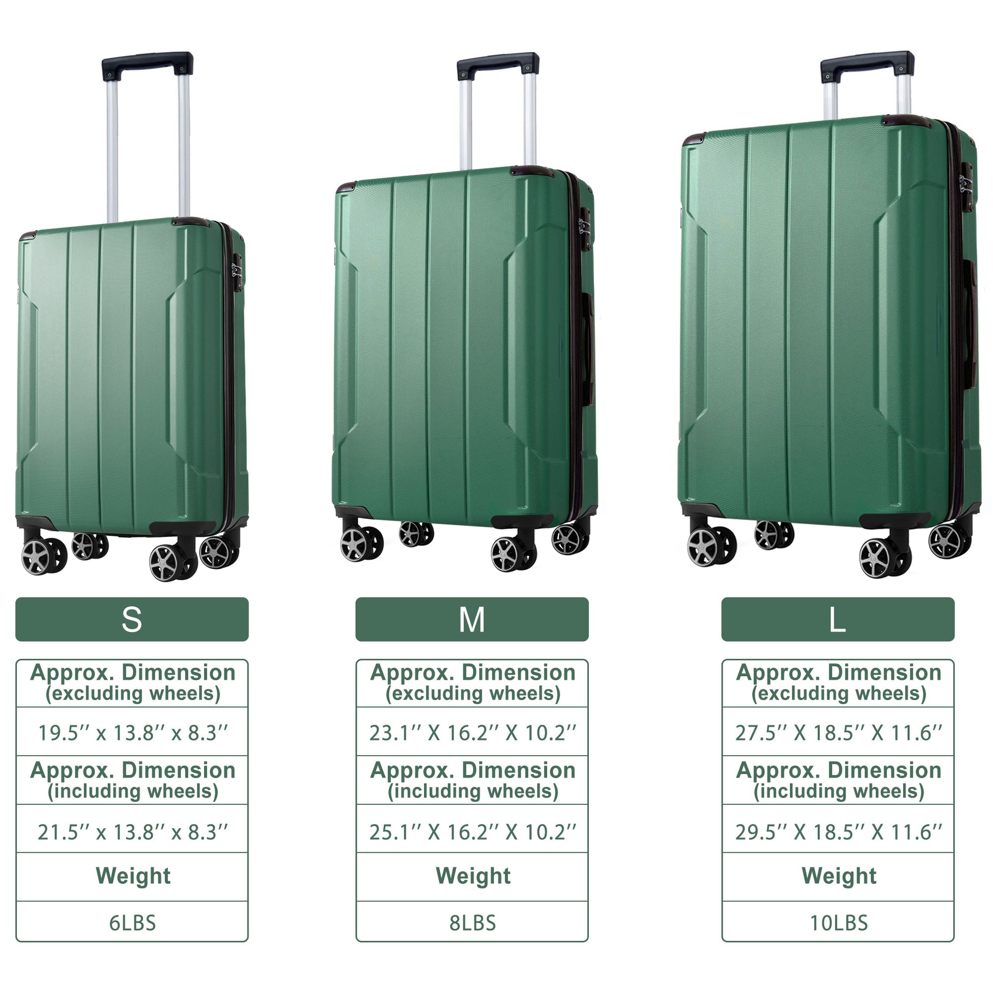 Luggage Sets 3 Piece, Expandable Hard Shell Abs Suitcases With Double Spinner, Travel Luggage Set With Tsa Lock 20 24 28Inch, Green Green Abs