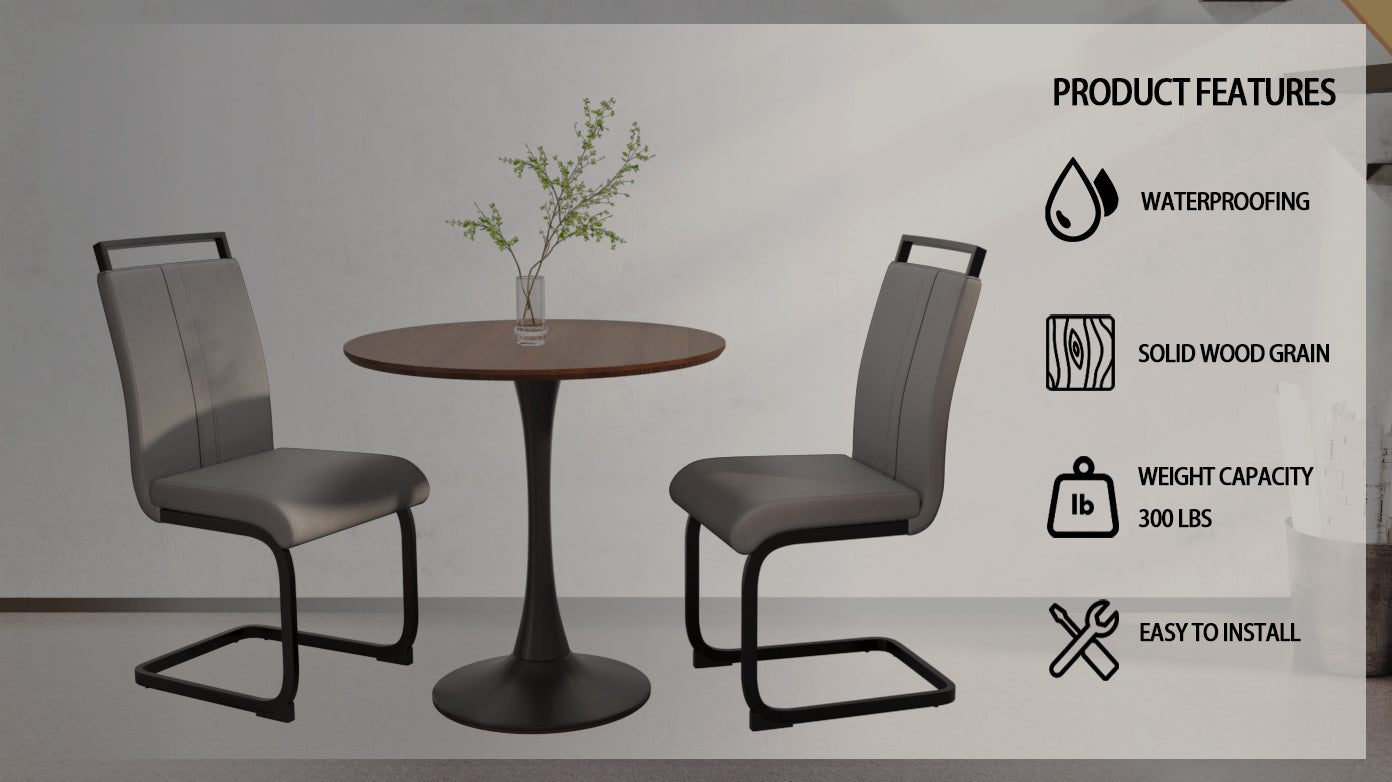 Walnut Circular Dining Table, 31.5 "Tulip Dining Table, Kitchen Dining Table For 2 4 People, Mdf Tabletop And Base, And 2 Gray Pu Black Metal Leg Dining Chairs Set 2 Walnut Mdf