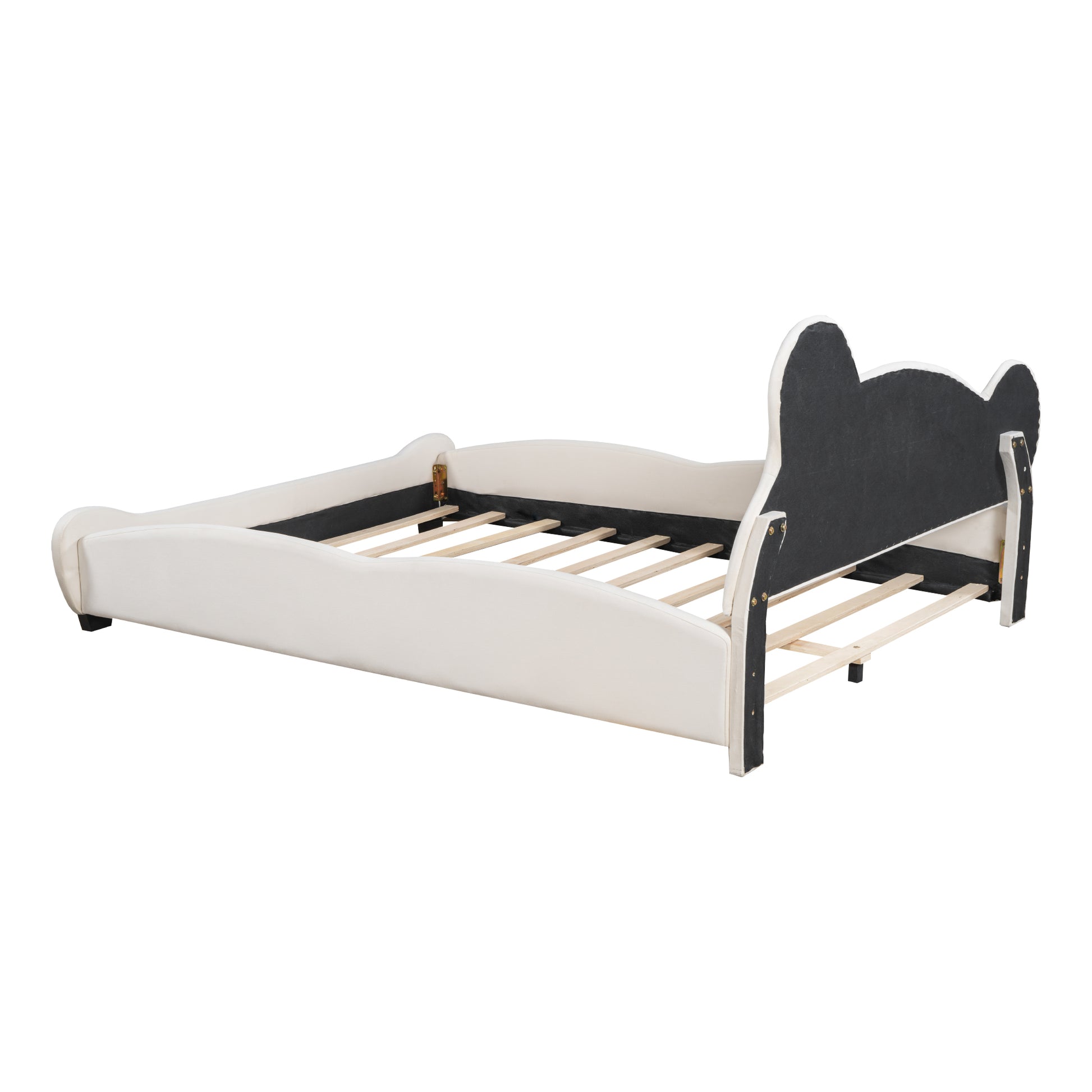 Queen Size Velvet Platform Bed With Bear Shaped Headboard, With Bed End Storage Pocket, Beige Queen Beige Plywood