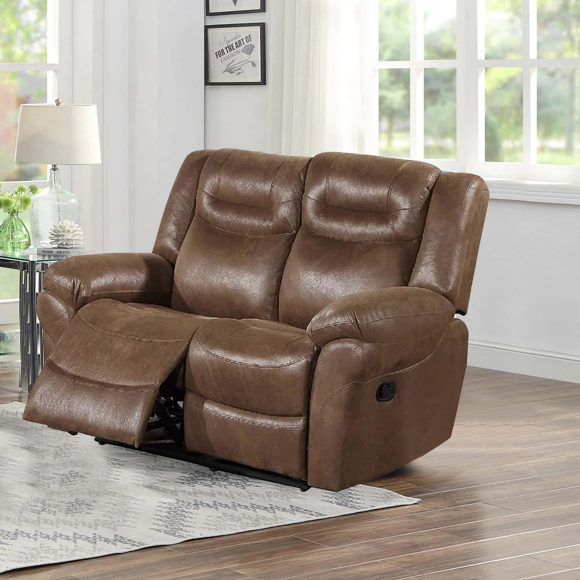 Betty 65 Inch Power Reclining Loveseat Chair, Pull Tab Mechanism, Brown Brown Fabric Metal