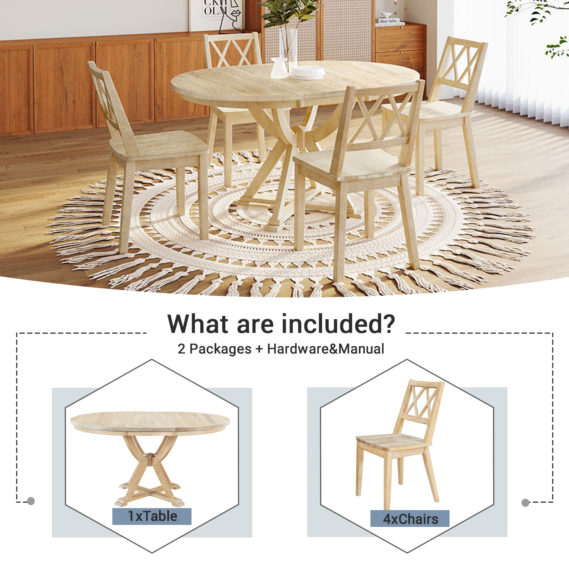 Mid Century 5 Piece Extendable Round Dining Table Set With 15.7" Removable Leaf And 4 Cross Back Dining Chairs, Natural Wood Dining Room Extendable Rubberwood Oval Dining Table With Chair Wood Wood Natural Seats 4 Removable Leaf Mid Century Modern Oval