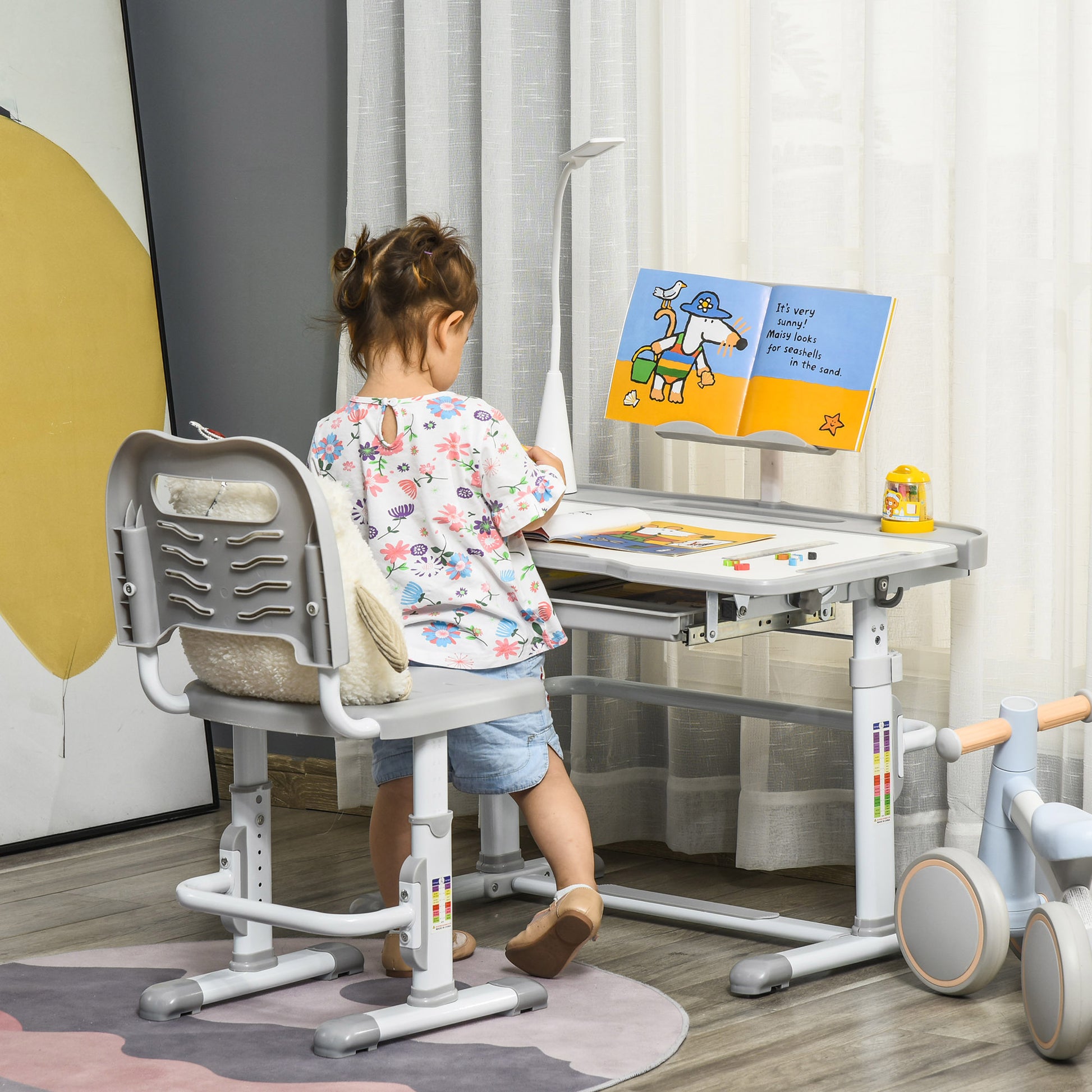 Qaba Kids Desk And Chair Set, Height Adjustable School Study Table And Chair, Student Writing Desk With Tilt Desktop, Led Light, Pen Box, Drawer, Reading Board, Cup Holder, And Pen Slots, Grey Grey Plastic