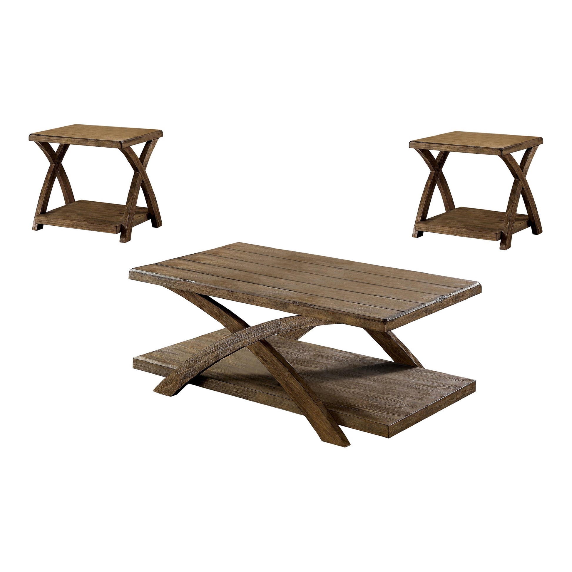 Transitional 3Pc Table Set Occasional Tables Living Room 1X Coffee Table And 2X End Tables Plank Style Top Antique Light Oak Light Oak Primary Living Space Antique,Contemporary,Modern,Rustic,Transitional Rubberwood Open Storage Rectangular Coffee & End
