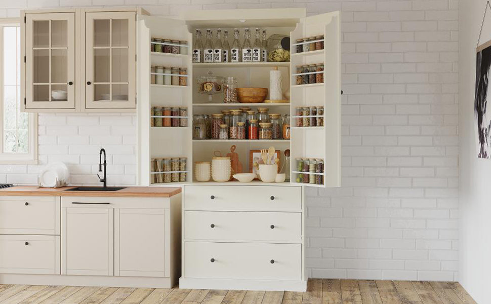 Assembly 77Inch Farmhouse Kitchen Pantry, Freestanding Tall Cupboard Storage Cabinet With 3 Adjustable Shelves, 8 Door Shelves, 3 Drawers For Kitchen, Dining Room, Cream Cream Kitchen Farmhouse Adjustabel Shelves Mdf