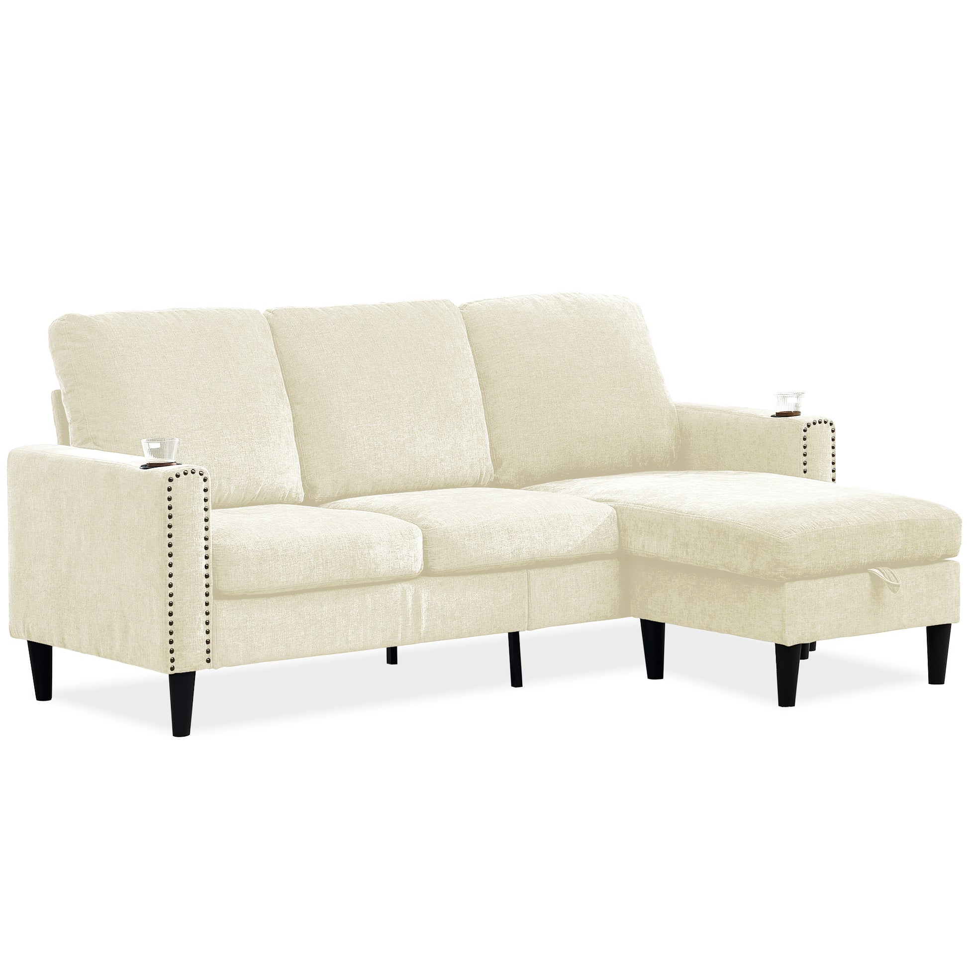 Modern Design Chenille 3 Seat L Shape Sectional Sofa With Storage Chaise For Apartment, Studio, Office,Living Room,L Shape Off White Off White Chenille Metal Primary Living Space Soft Modern Foam