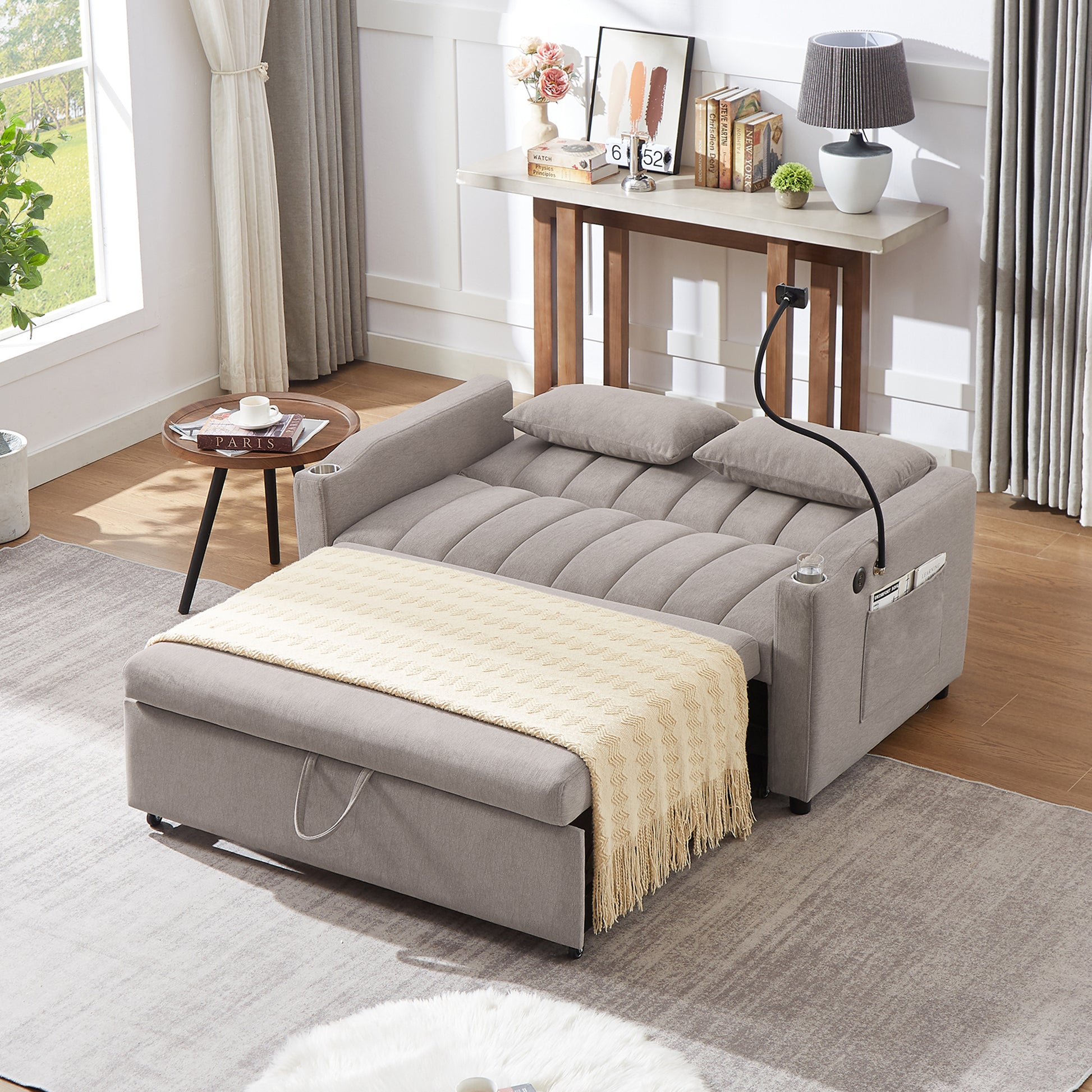 55.9" Convertible Sofa Bed Loveseat Sofa With Three Usb Ports, Two Side Pockets, Two Cup Holders And 360 Swivel Phone Holder For Living Room, Light Grey Light Grey Foam Polyester 2 Seat