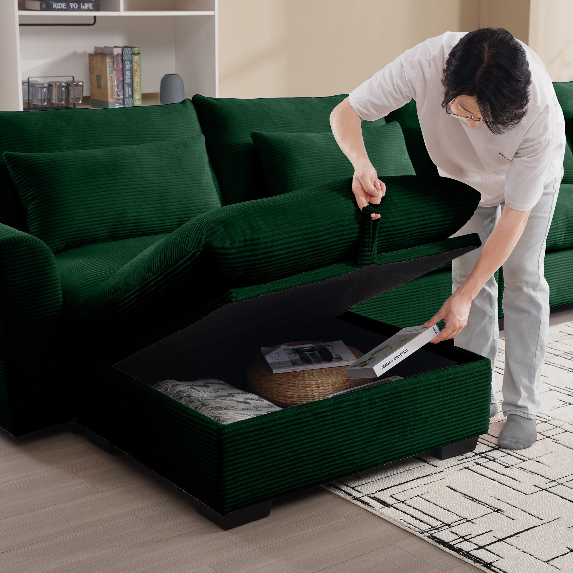 Corduroy Sectional Sofa, L Shaped Couch With Storage Footstool And 3 Pillow, Sectional Couch For Living Room Apartment, Green Green Corduroy 3 Seat