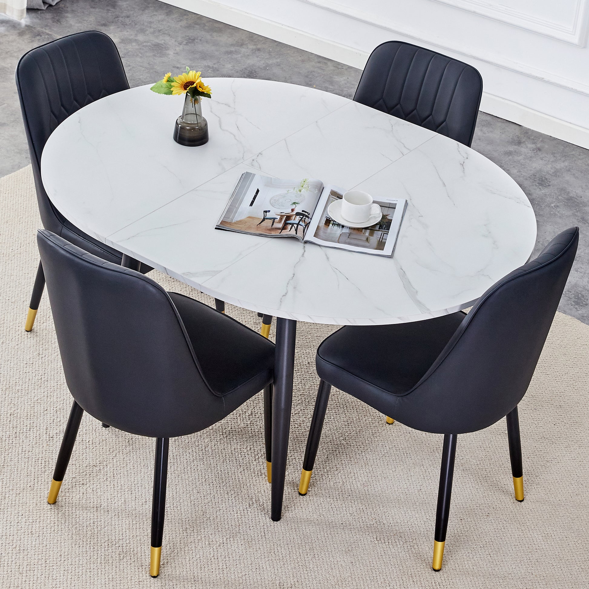 Table And Chair Set.Modern Extendable Mdf Dining Table.The Table Has A Telescopic Design, Suitable For Gatherings Of Different Size.Paried With 4 Chairs With Pu Cushions And Black Metal Legs. White Black Seats 4 Mdf Metal