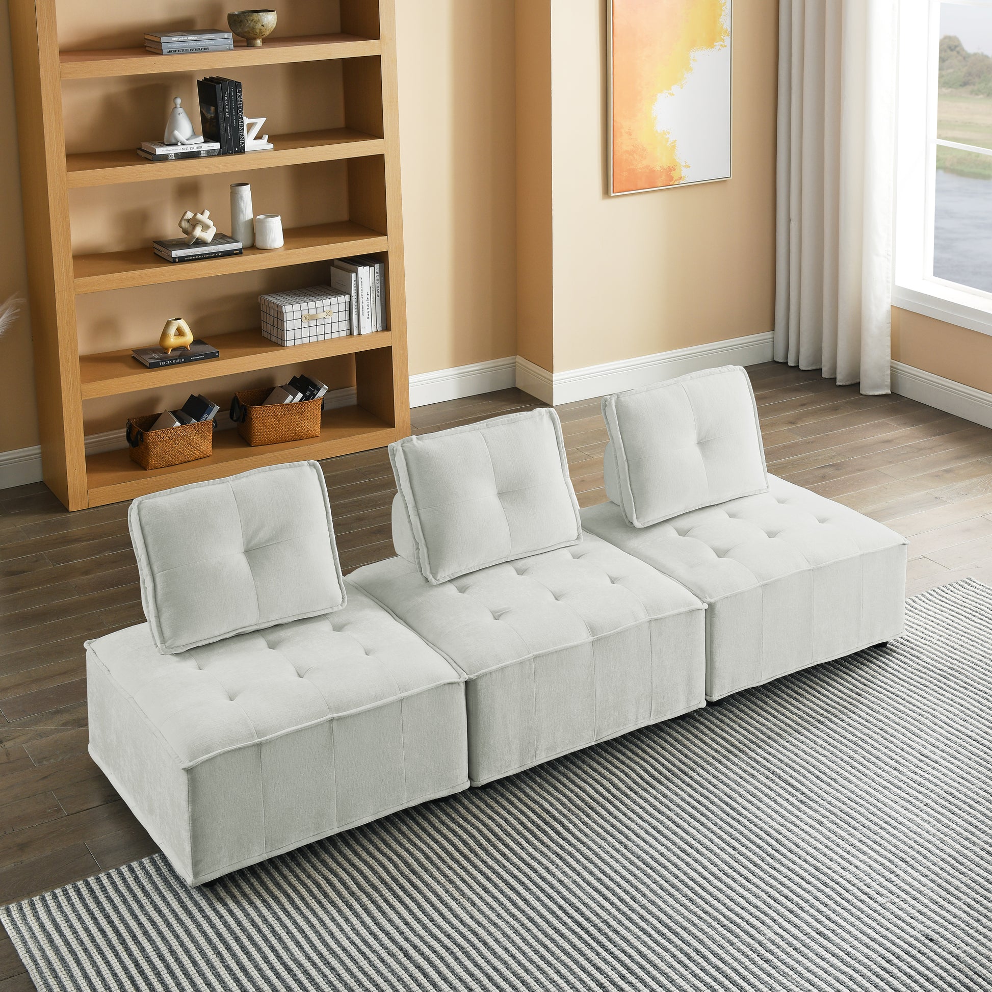 Upholstered Seating Armless Accent Chair, Leisure Sofa Lounge Chair For Living Room Corner Bedroom Office,Chenille Ivory Primary Living Space Eucalyptus Foam