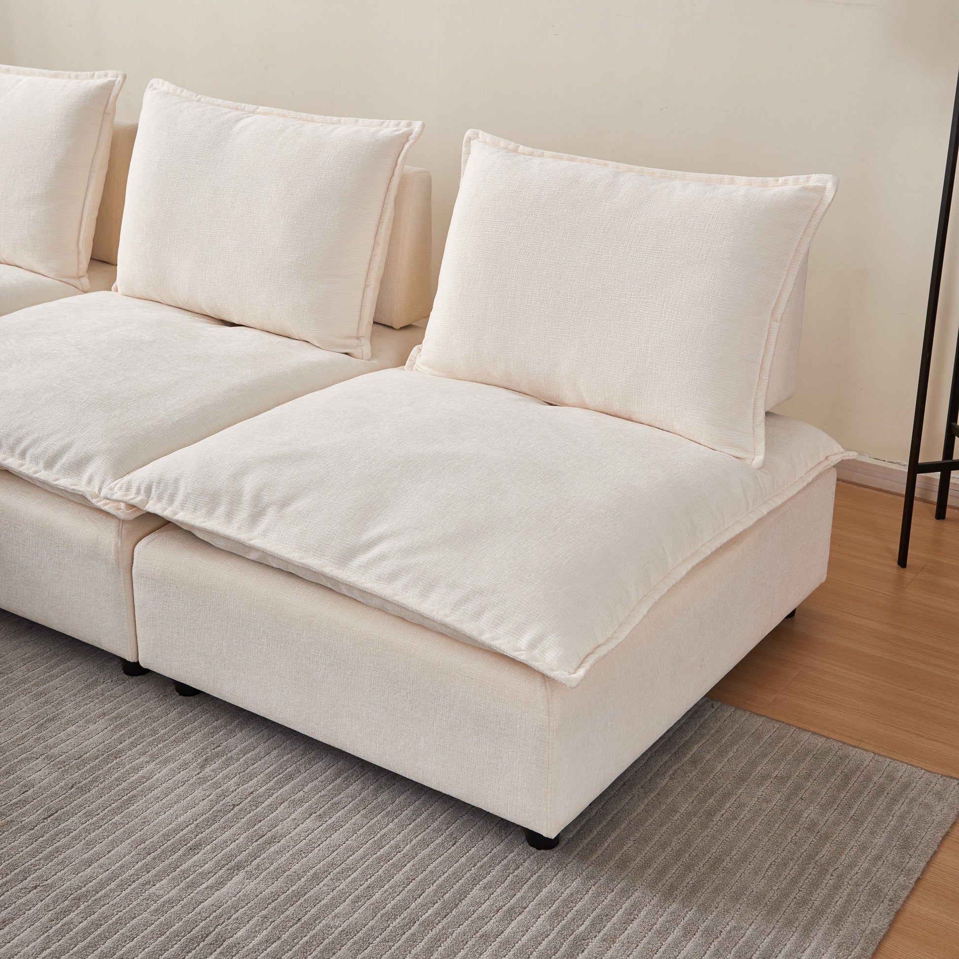 Modern Armless L Shaped Sectional Sofa Couch With Ottoman Modular Design, Durable Construction, Easy Care Upholstery For Living Room, Apartment, Office, Small Space Beige Foam Chenille 4 Seat