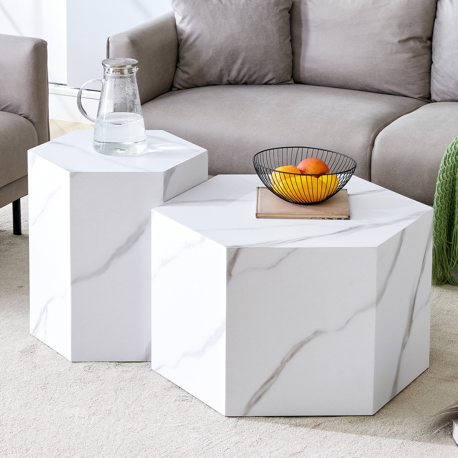 Modern Minimalist Style Hexagonal White Marble Patterned Mdf Coffee Table Set Two Piece Set .Complex Texture Patterns, Style And Texture Coffee Table To Redefine Your Interior Decoration. White Mdf