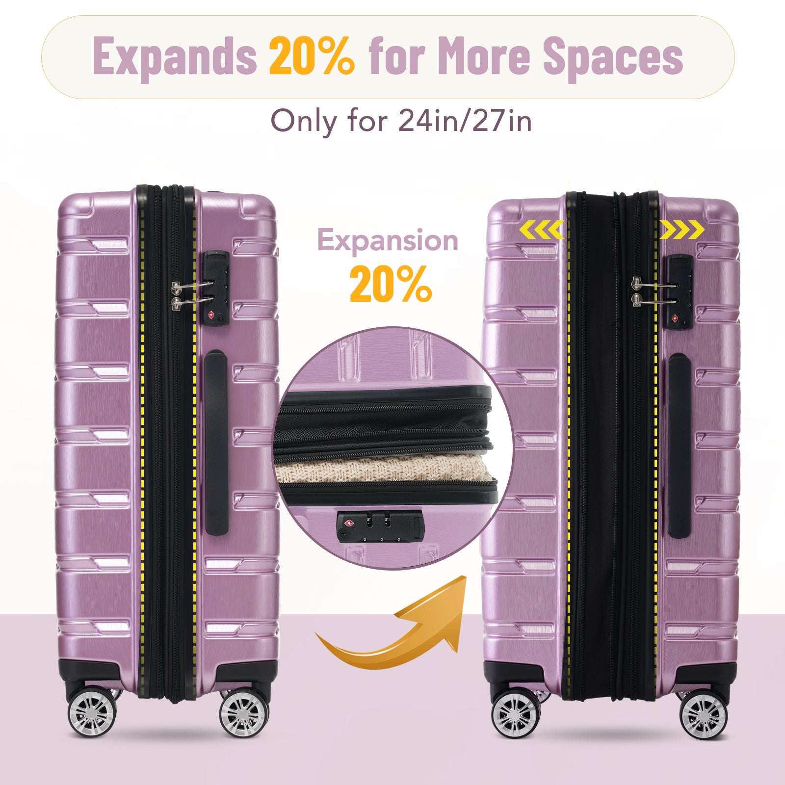 3 Piece Luggage Set Suitcase Set, Lightweight Durable Suitcase With Wheels And Tsa Lock, Expandable Travel Family Luggage For Men Women 20" 24" 27" Purple Abs Pc