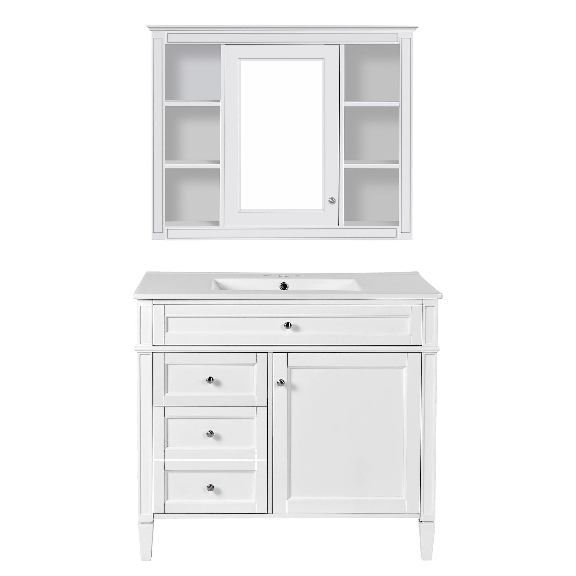 36'' Bathroom Vanity With Medicine Cabinet, Modern Bathroom Storage Cabinet With 2 Soft Closing Doors And 4 Drawers, Single Sink Bathroom Vanity White Bathroom Ceramic,Solid Wood Mdf