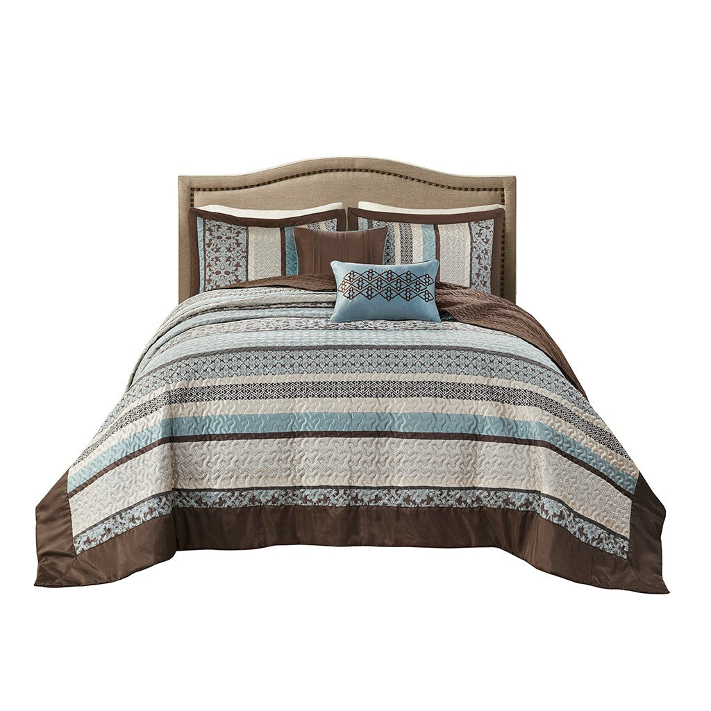 5 Piece Jacquard Quilt Set With Throw Pillows Blue Full Queen Full Blue Cotton