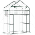 Outsunny Outdoor Walk In Mini Greenhouse With Mesh Door & Windows, Small Portable Garden Green House With 3 Tiers 6 Shelves, Trellis, & Plant Labels Clear Plastic