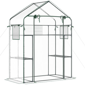 Outsunny Outdoor Walk In Mini Greenhouse With Mesh Door & Windows, Small Portable Garden Green House With 3 Tiers 6 Shelves, Trellis, & Plant Labels Clear Plastic