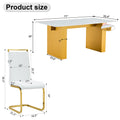 Table And Chair Set.Large Modern Rectangular Table With 0.4 Inch Patterned Glass Tabletop And Large Mdf Table Legs.Comes With 6 Chairs With Faux Leather Cushioned Seats And Golden Metal Legs. Gold White Seats 6 Mdf Glass