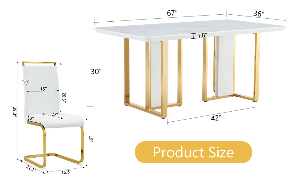 Table And Chair Set.67"X36" White Marble Pattern Mdf Dining Table Set With 6 White Pu Chairs.Mdf Sticker,White Marble Pattern Sticker,Gold C Tube Chair Legs,Suitable For Kitchen,Dining Room,Etc.