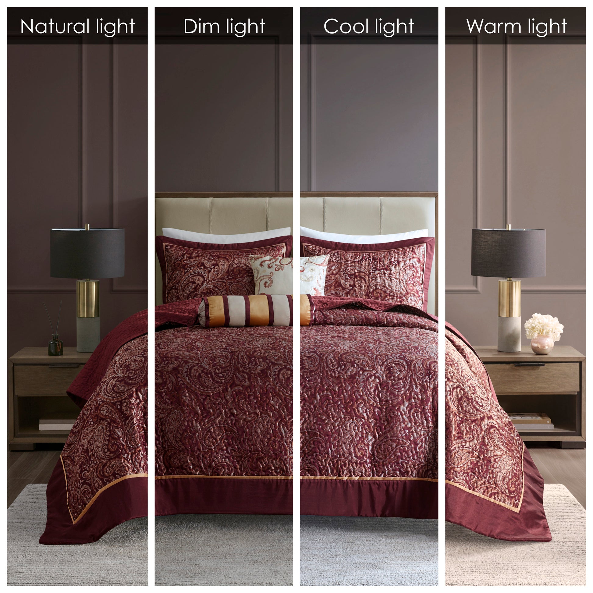 5 Piece Jacquard Bedspread Set With Throw Pillows Burdy Queen Queen Burgundy Cotton