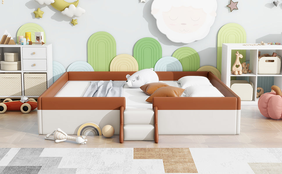 King Size Upholstered Daybed Frame With Fence And Stairs, Brown White King Brown White Mdf Lvl