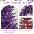 Pre Lit Christmas Artificial Tree 4 Piece Set, Garland, Wreath And Set Of 2 Entrance Trees, X Mas With Led Lights, Pvc Festival Celebration Set, Purple Purple Pvc