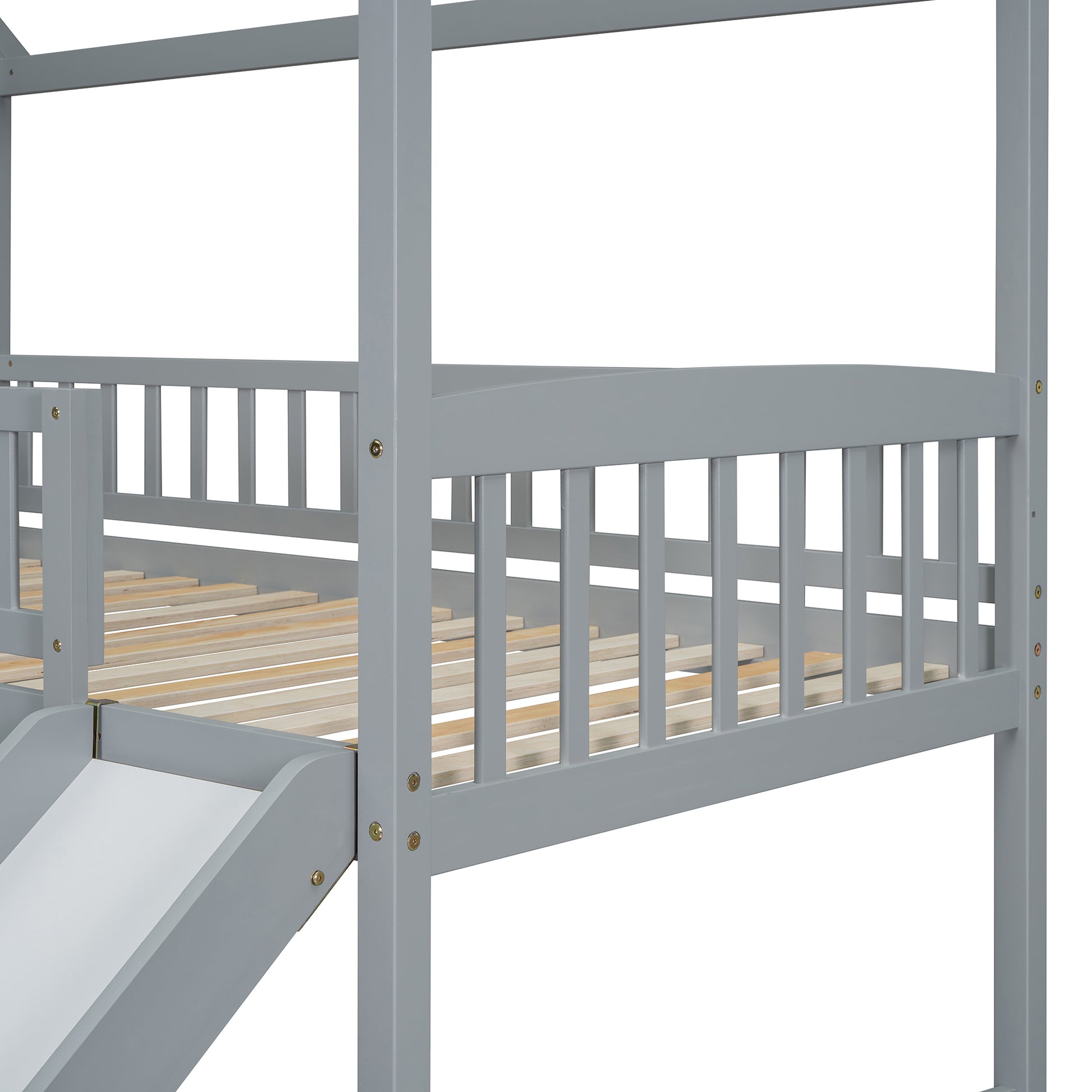 Twin Over Twin Bunk Bed With Two Drawers And Slide, House Bed With Slide, White Old Sku :Lt000129Aae Gray Pine