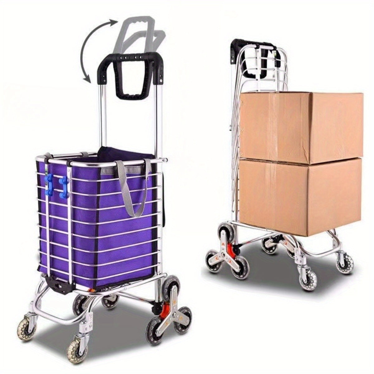 Grocery Laundry Utility Foldable Shopping Cart Trolley, Aluminum Alloy 8 Wheel Stair Climbing, Load Capacity 35L Silver Aluminium Alloy
