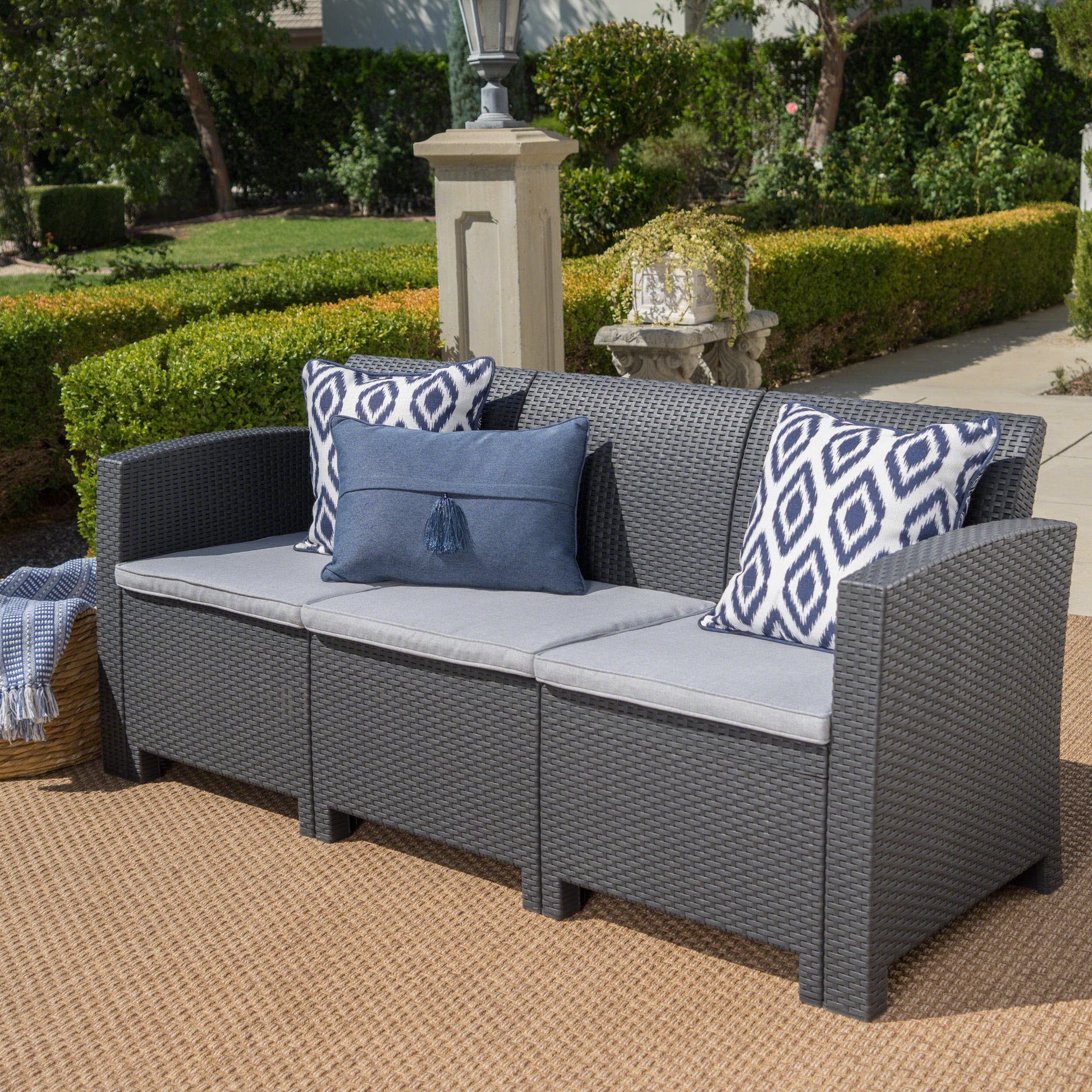 67.7" Outdoor 3 Seater Faux Wicker Rattan Style Sofa With Water Resistant Cushions, Charcoal Light Grey Grey Fabric