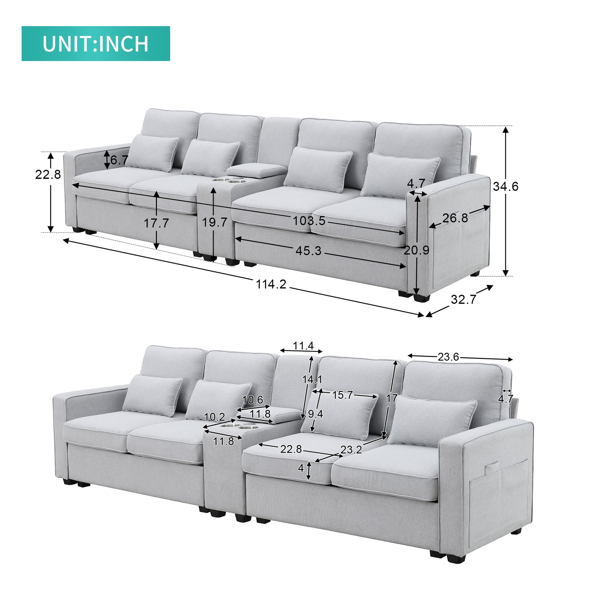 114.2" Upholstered Sofa With Console, 2 Cupholders And 2 Usb Ports Wired Or Wirelessly Charged, Modern Linen Fabric Couches With 4 Pillows For Living Room, Apartment 4 Seat Light Gray Fabric 4 Seat