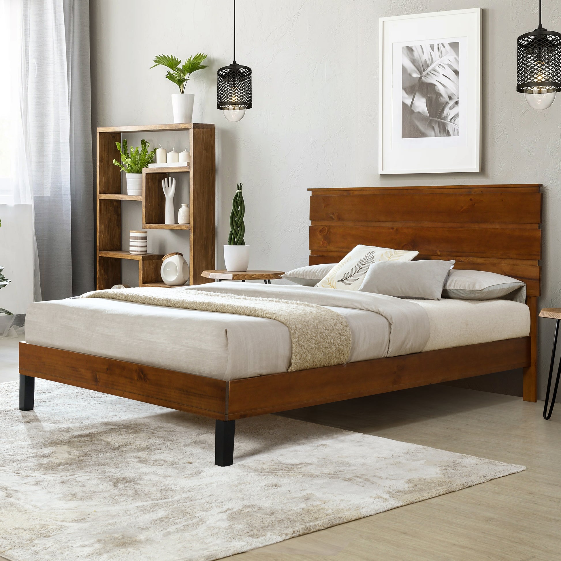 Mid Century Modern Solid Wood Bed Frame Queen Size Platform Bed With Three Piece Headboard Design, No Box Spring Needed, Brown Queen Brown Pine